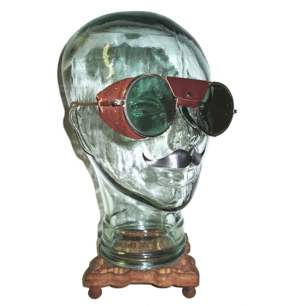Antique Willson Green Leather Goggles Safety Glasses Vtg Old Spectacles